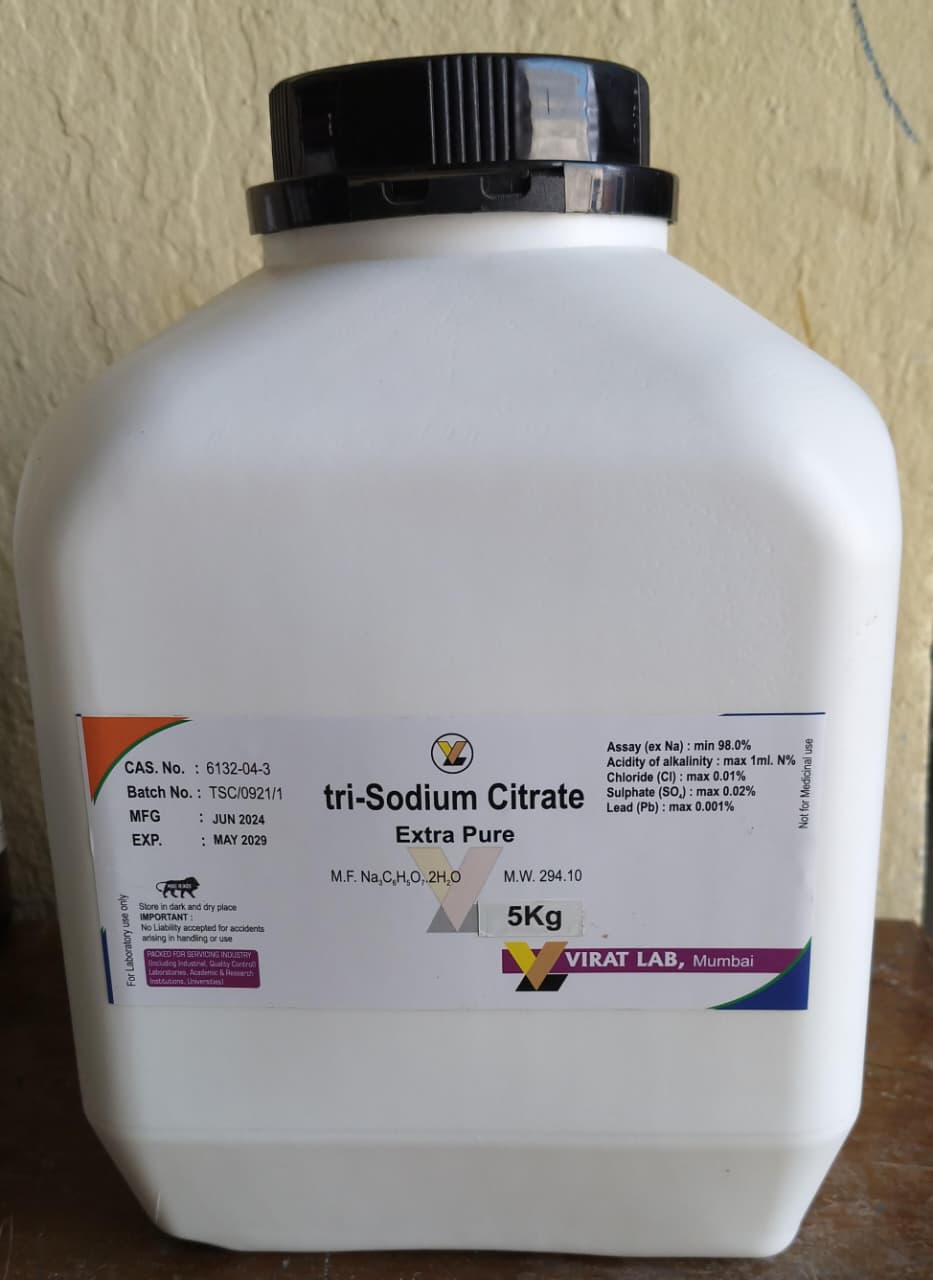 tri-SODIUM CITRATE 98% Extra Pure (dihydrate) | (tri-Sodium citrate-2-hydrate) | C6H5Na3O7.2H2O M.W. 294.10