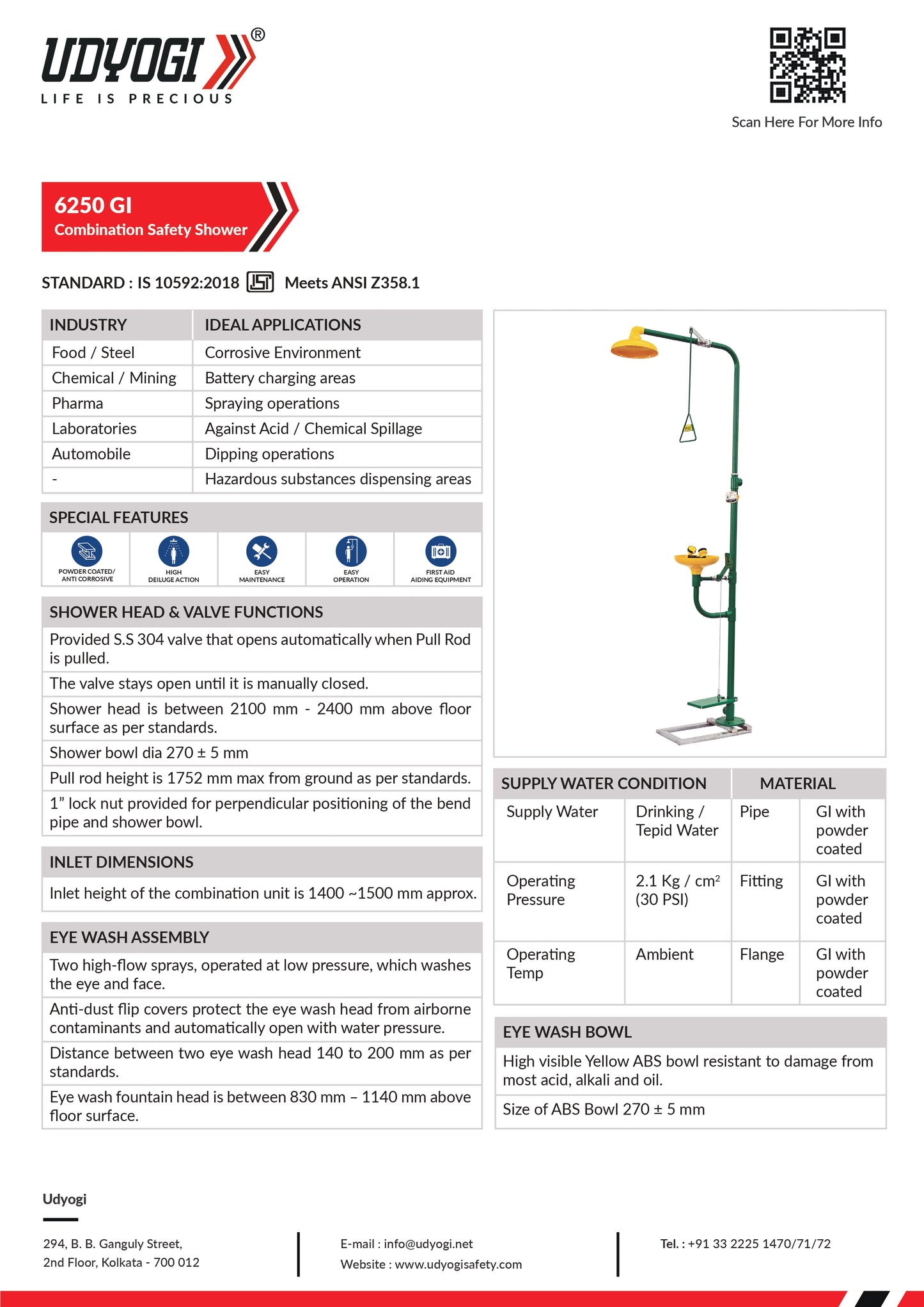 SAFETY SHOWER WITH EYE WASH STATION UDYOGI 6250 GI